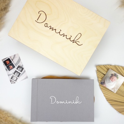 Lovelu Dárkový set pro miminko a dítě - šedé fotoalbum Elegantní a dřevěný box na vzpomínky