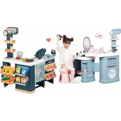 Smoby Set obchod elektronický smíšené zboží s chladničkou Maxi Market a kosmetický stolek s kadeřnictvím a nehtovým studiem 3v1