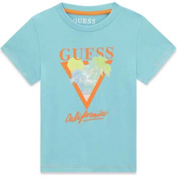GUESS Синьо-зелена тениска за мини момче с оранжев надпис Guess и палми