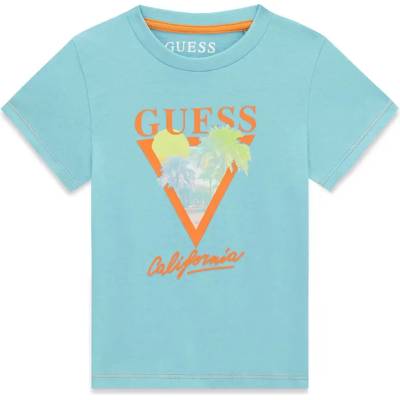GUESS Синьо-зелена тениска за мини момче с оранжев надпис Guess и палми