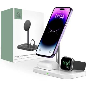 Tech-Protect 3-in-1 Magnetic MagSafe Wireless Charger A22 - тройна поставка (пад) за безжично зареждане за iPhone с Magsafe, Apple Watch и AirPods Pro (бял)