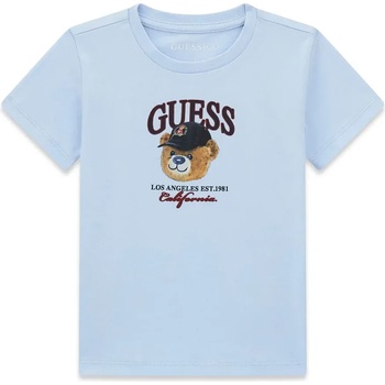 GUESS Светло синя тениска за мини момче с мечка и надпис Guess