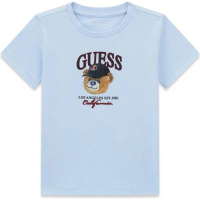 GUESS Светло синя тениска за мини момче с мечка и надпис Guess