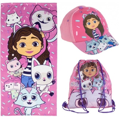 CurePink Ručník osuška s kšiltovkou a pytlíkem Gabby's Dollhouse Gábinin kouzelný domek Gábi s kočkami 70 x 140 cm [2200010481]