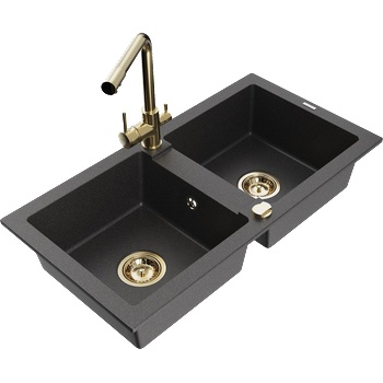 Mexen Mario двукоморна гранитна мивка с кухненски смесител Duero, черно на пръски - 6504-76-671600-50 (6504-76-671600-50)