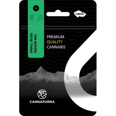 Cannapurna CBD kvety konope 12 % Small Buds Indoor CBD Mix 0,3 % THC 1 g