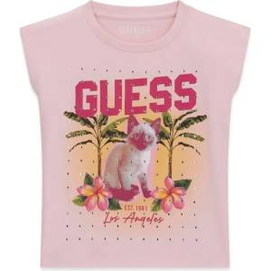 GUESS Розова Oversize тениска за момиче с коте и кристали Guess