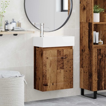 vidaXL Мивка за баня със смесител Старо дърво 45, 5 x 22, 5 x 84 см (889469)