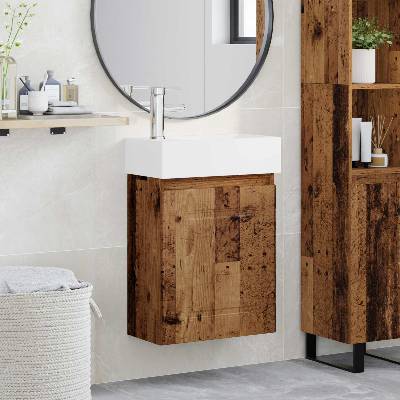 vidaXL Мивка за баня със смесител Старо дърво 45, 5 x 22, 5 x 84 см (889469)
