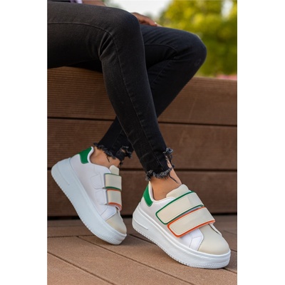 Moda Trend Дамски спортни обувки с велкро закопчаване - Бели със Зелен #362981 (362981_Бяло)