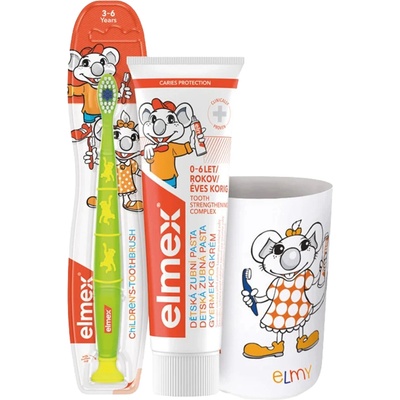 Elmex Junior Balíček s pohárikom 50 ml detská zubná pasta + 1 zubná kefka + pohárik s motívom myšky