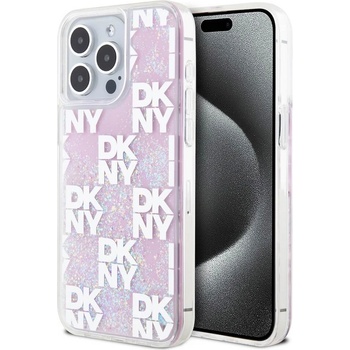Image 1 of DKNY Liquid Glitter Checkered Pattern Case - дизайнерски кейс с висока защита за iPhone 15 Pro Max (розов)