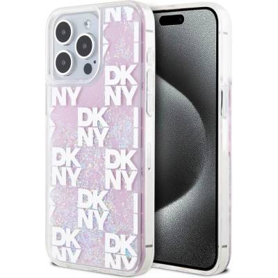 DKNY Liquid Glitter Checkered Pattern Case - дизайнерски кейс с висока защита за iPhone 15 Pro Max (розов)
