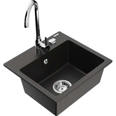 Mexen Milo гранитна кухненска мивка с 1 гнездо и кухненски смесител Telma, черен/златен - 6505-75-670200-00 (6505-75-670200-00)