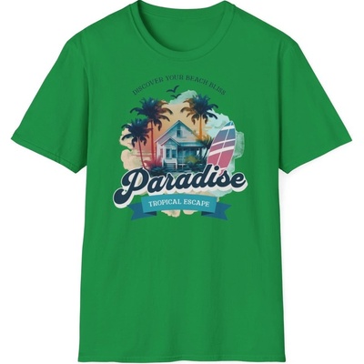 Plážové tričko s potiskem Discover Your Beach Bliss Paradise unisex Softstyle Irish Green