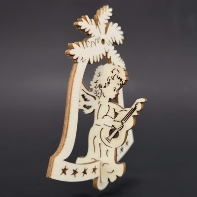 AMADEA Dřevěná ozdoba 3D zvonek anděl s kytarou 9 cm