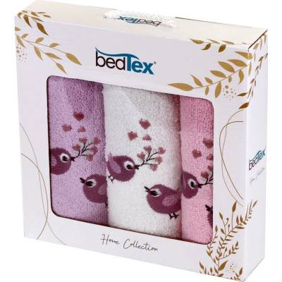 BedTex dárkový set froté ručníků PTÁČCI, růžový s výšivkou, 30 x 50 cm, 3ks