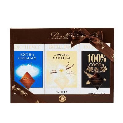 Lindt EXCELLENCE Extra jemná mliečna čokoláda 100g + Extra biela čokoláda s vanilkovou príchuťou 100g + Extra horká čokoláda 100% kakaa 3x50g (set)