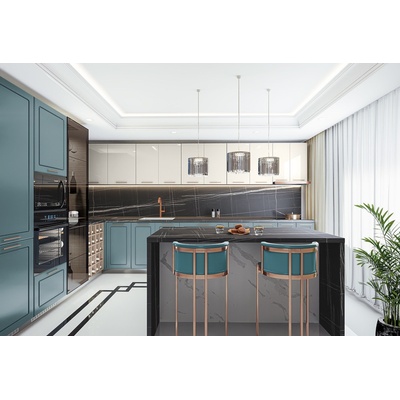 IRIM Модулна кухня с остров City 9165 корпус мока / фронт деним мат и крийм гланц