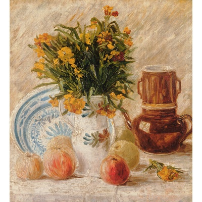 Plakát, Obraz - Vase with Flowers, Coffeepot and Fruit, Vincent van Gogh, 40 × 40 cm