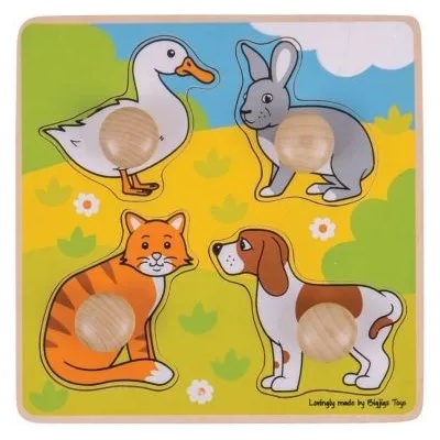 Bigjigs Toys - Моят първи дървен пъзел с дръжки - Домашни любимци (BJ224)