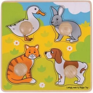 Bigjigs Toys - Моят първи дървен пъзел с дръжки - Домашни любимци (BJ224)