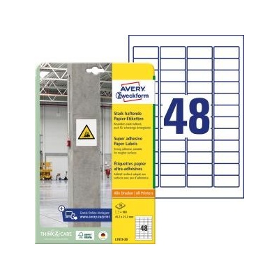 Etikety univerzálne 45,7x21,2mm Avery A4, silne lepivé 20 hárkov