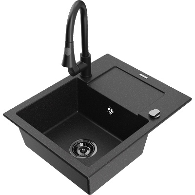 Mexen Enzo гранитна мивка с 1 отделение с отцедник и кухненски смесител Elia, (6506-73-670101-70-B)