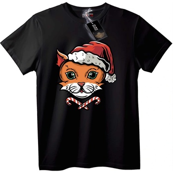 NOONEBRAND Тениска Коледна Котка Дядо Коледа - 2XL, Black