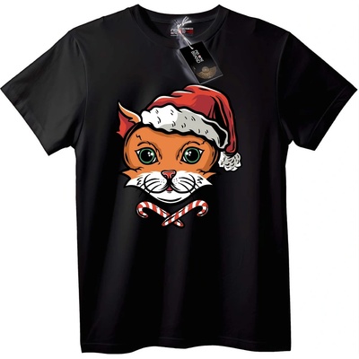 NOONEBRAND Тениска Коледна Котка Дядо Коледа - 2XL, Black