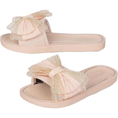 Дамски чехли в цвят пудра с панделка