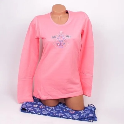 Ватирана дамска пижама в коралово и синьо с калинка, цветя и пеперуди