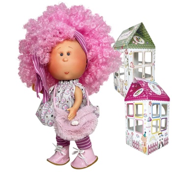 Ръчно изработена кукла от Испания - Мия с розова коса и пухкава шапка с опаковка по избор (ndo-3129)