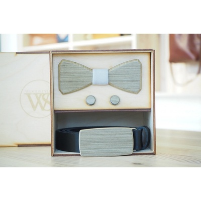 Wood Style Set Hranatý Šedé hedvábí opasek motýlek a manžetové knoflíčky Šedá