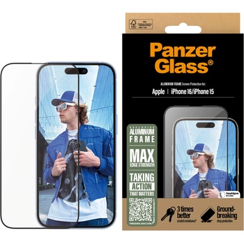 Panzer Стъклен протектор PanzerGlass за iPhone 16, 15, Aluminum Frame, Ultra-Wide Fit