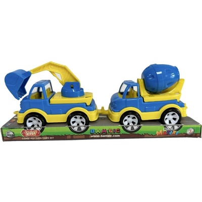 Bamsic ДЕТСКИ КОМПЛЕКТ ОТ 2 СТРОИТЕЛНИ КОЛИ, БАГЕР И БЕТОНОВОЗ