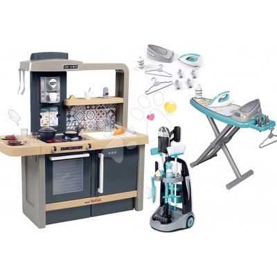 Smoby Set kuchyňka elektronická s nastavitelnou výškou Tefal Evolutive New Kitchen a úklidový vozík s vysavačem a žehlicím prknem