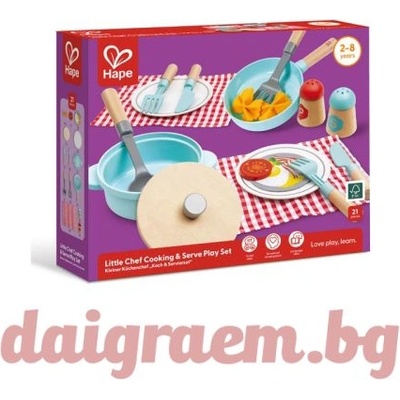 Hape Дървен комплект за готвене и сервиране, hape e3208 (h3208)