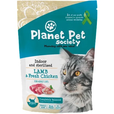 Planet Pet Society Lamb for Indoor and Sterilized Cats - пълноценна храна с агнешко месо, за кастрирани или отглеждани на закрито котки, над 1 година, Без соя, царевица, пшеница, добавена захар, Финландия - 1, 5 кг, 40448