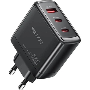 YESIDO Захранване за ел. мрежа за лаптопи, смартфони и таблети с USB-A и 2xUSB-C изходи с технология за бързо зареждане - Yesido YC144C GaN Fast Wall Charger 65W (черен) (YC144C (KF2354333))
