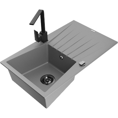 Mexen Cesar Гранитна мивка с 1 отделение с отцедник и кухненски смесител Rita, сив - 6514-71-670300-70-B (6514-71-670300-70-B)