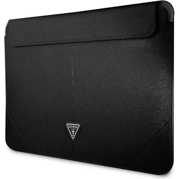 GUESS Saffiano Triangle Metal Logo Notebook Sleeve - дизайнерски луксозен кожен калъф за MacBook Air 13, MacBook Pro 13, MacBook Pro 14 и лаптопи до 14 инча (черен)