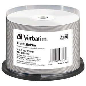 Verbatim cd-r(опаковка от 50) шпиндел, azo 52x, 700mb, БЯЛА ШИРОКА ТЕРМОПЕЧАТАЕМА ПОВЪРХНОСТ БЕЗ id (43756)