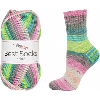 Pletací / háčkovací příze Vlna-Hep BEST SOCKS 4-fach 7402 pastelově růžovo-modro-zelená vzorovaná, ponožková, 100g/420m