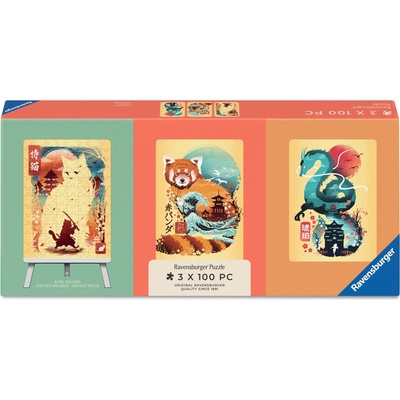 Ravensburger Mini Trio se stojánkem 3x100 dílků Ukiyo-e Kočičí válečník červená panda a dra