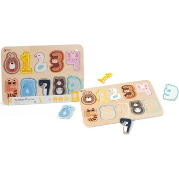 Classic World Детска играчка Дървен пъзел Classic World с числа и животни за ранно обучение, 11 части