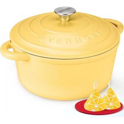 Overmont roasting pan enamel cast iron pot - casserole dish 26cm oven-safe - with lid and cookbook - for kitchen baking stewing roasting - Goose
