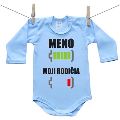 Boodyy Modré body s dlhým rukávom Batéria nabitá vybitá rodičia s menom