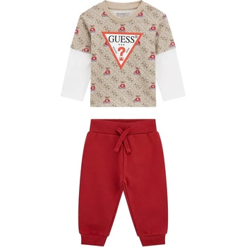 Guess Kомплект бежова блуза с детайли и спортен червен панталон за бебе момче Guess