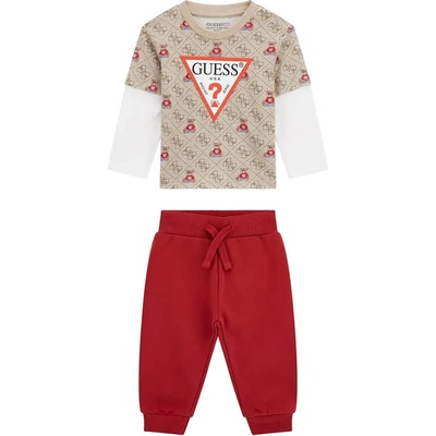 Guess Kомплект бежова блуза с детайли и спортен червен панталон за бебе момче Guess